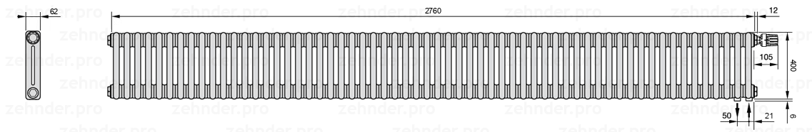 Схема (чертеж) Радиатор Zehnder Charleston 2040/60 №V002 Белый глянцевый RAL 9016